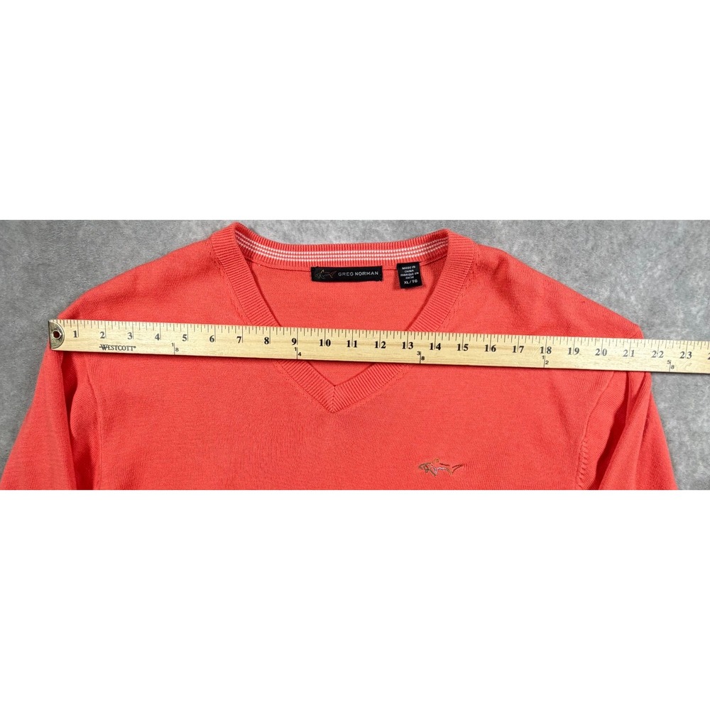 Greg Norman Mens XL Sweater Cotton Orange V Neck Shark Logo Golf Pullover - Picture 7 of 9